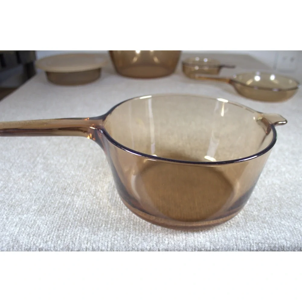 Visions by Corning Amber Glass Cookware Set Pot Pan Skillet 6 Piece Lot USA